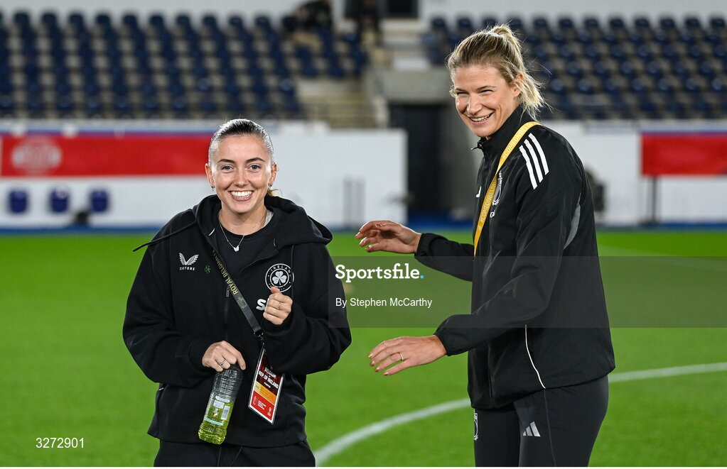 28 October 2025; Abbie Larkin of Republic of Ireland, left, in conversation with her Crystal Place teammate Justine Vanhaevermaet of Belgium before the UEFA Women's Nations League A/B promotion/relegation play-off second leg match between Belgium and Republic of Ireland at The King Power At Den Dreef Stadium in Leuven, Belgium. Photo by Stephen McCarthy/Sportsfile
