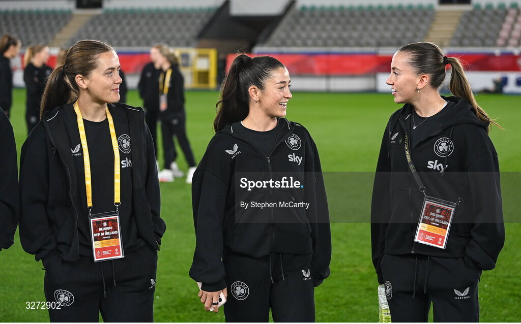 28 October 2025; Republic of Ireland players, from left, Tyler Toland, Marissa Sheva and Abbie Larkin before the UEFA Women's Nations League A/B promotion/relegation play-off second leg match between Belgium and Republic of Ireland at The King Power At Den Dreef Stadium in Leuven, Belgium. Photo by Stephen McCarthy/Sportsfile