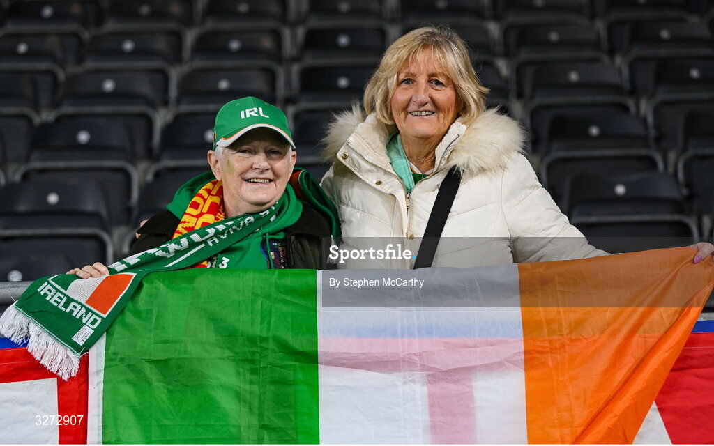 28 October 2025; Republic of Ireland supporters and former Republic of Ireland players of the 1973 team Violet Connaughton, left, Marian Donnelly Walsh before the UEFA Women's Nations League A/B promotion/relegation play-off second leg match between Belgium and Republic of Ireland at The King Power At Den Dreef Stadium in Leuven, Belgium. Photo by Stephen McCarthy/Sportsfile
