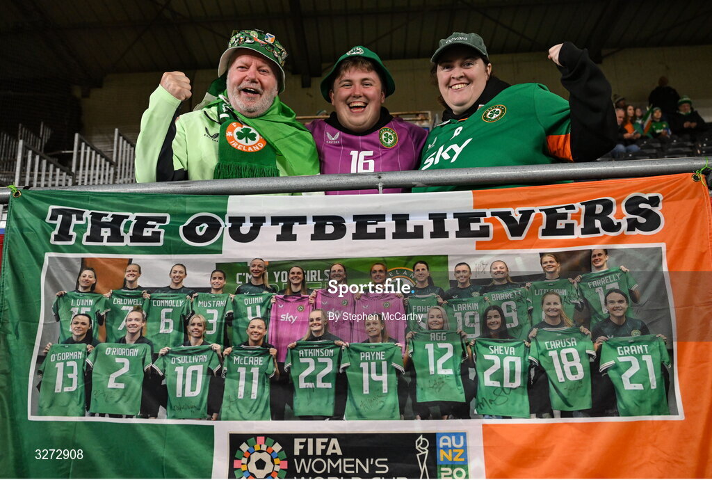 28 October 2025; Republic of Ireland supporters before the UEFA Women's Nations League A/B promotion/relegation play-off second leg match between Belgium and Republic of Ireland at The King Power At Den Dreef Stadium in Leuven, Belgium. Photo by Stephen McCarthy/Sportsfile