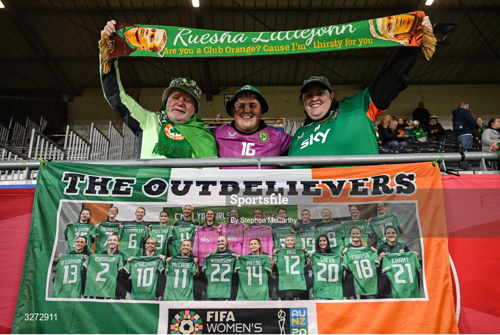 28 October 2025; Republic of Ireland supporters, from left, Aiden Mullen, Kai Henderson and Christine Thompson before the UEFA Women's Nations League A/B promotion/relegation play-off second leg match between Belgium and Republic of Ireland at The King Power At Den Dreef Stadium in Leuven, Belgium. Photo by Stephen McCarthy/Sportsfile