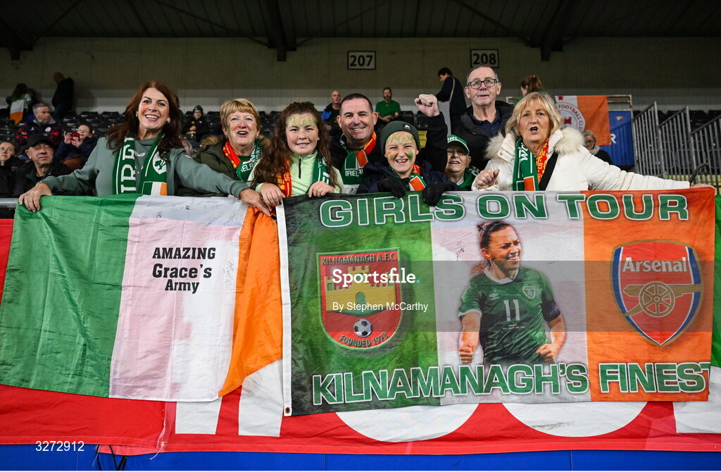 28 October 2025; Republic of Ireland supporters before the UEFA Women's Nations League A/B promotion/relegation play-off second leg match between Belgium and Republic of Ireland at The King Power At Den Dreef Stadium in Leuven, Belgium. Photo by Stephen McCarthy/Sportsfile