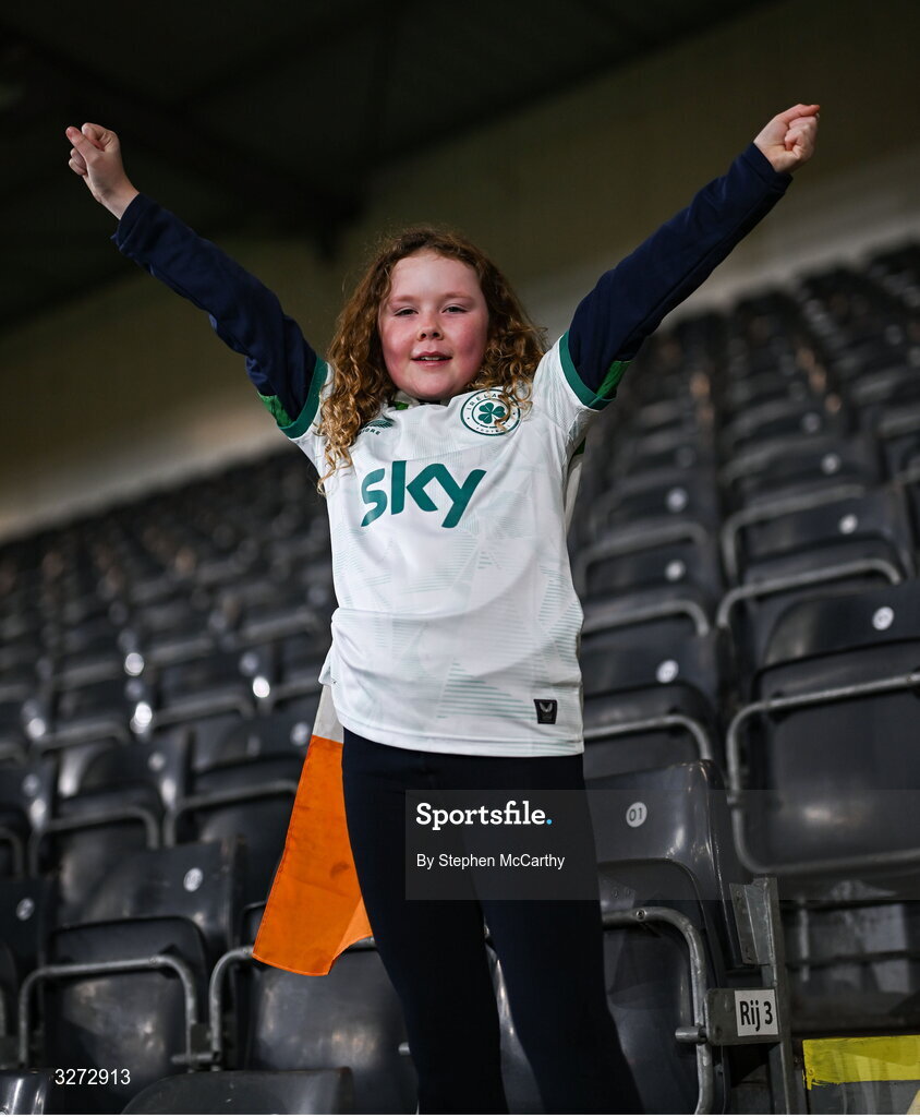 28 October 2025; Republic of Ireland supporter Annie Mulholland from Newbridge, Kildare, before the UEFA Women's Nations League A/B promotion/relegation play-off second leg match between Belgium and Republic of Ireland at The King Power At Den Dreef Stadium in Leuven, Belgium. Photo by Stephen McCarthy/Sportsfile