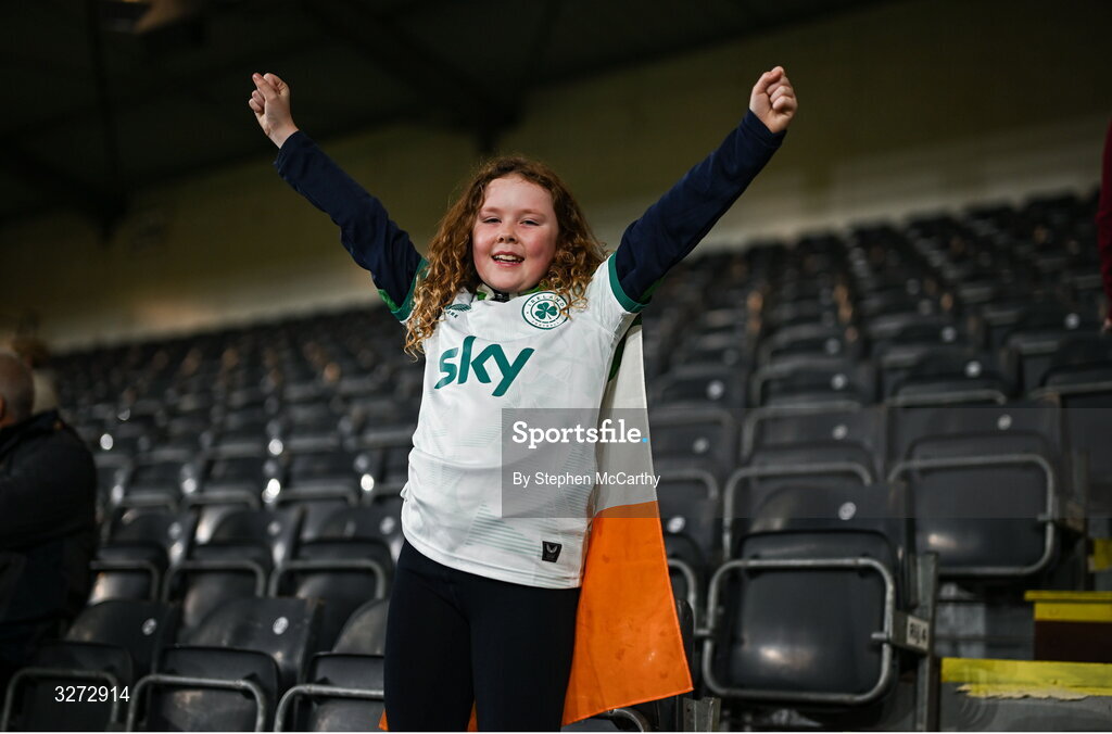 28 October 2025; Republic of Ireland supporter Annie Mulholland from Newbridge, Kildare, before the UEFA Women's Nations League A/B promotion/relegation play-off second leg match between Belgium and Republic of Ireland at The King Power At Den Dreef Stadium in Leuven, Belgium. Photo by Stephen McCarthy/Sportsfile