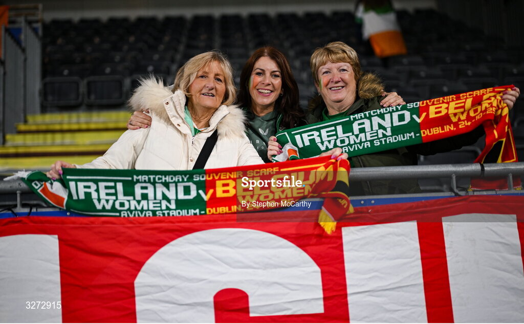 28 October 2025; Republic of Ireland supporters before the UEFA Women's Nations League A/B promotion/relegation play-off second leg match between Belgium and Republic of Ireland at The King Power At Den Dreef Stadium in Leuven, Belgium. Photo by Stephen McCarthy/Sportsfile