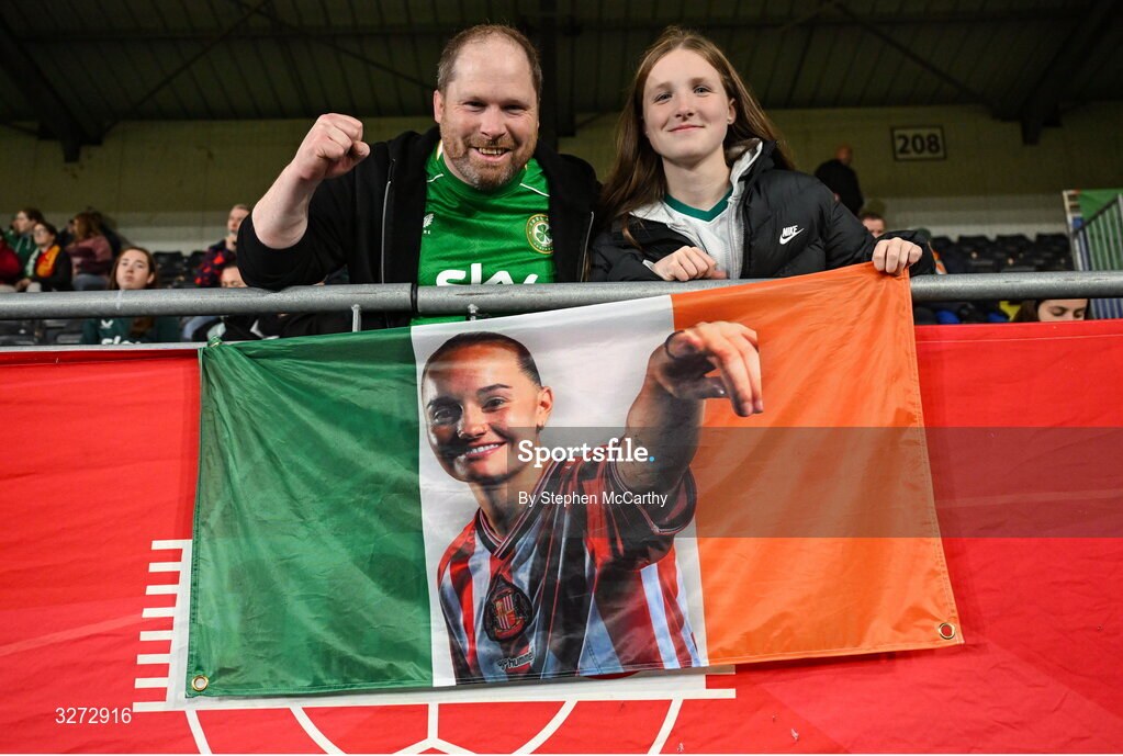 28 October 2025; Republic of Ireland supporters Steve McElhinney and Sophia McElhinney before the UEFA Women's Nations League A/B promotion/relegation play-off second leg match between Belgium and Republic of Ireland at The King Power At Den Dreef Stadium in Leuven, Belgium. Photo by Stephen McCarthy/Sportsfile