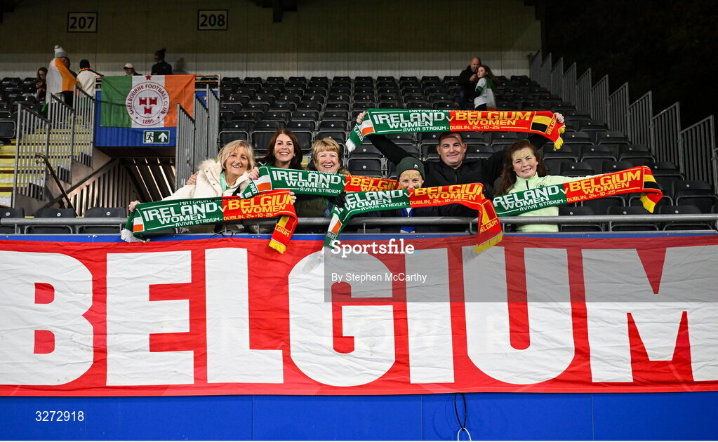 28 October 2025; Republic of Ireland supporters before the UEFA Women's Nations League A/B promotion/relegation play-off second leg match between Belgium and Republic of Ireland at The King Power At Den Dreef Stadium in Leuven, Belgium. Photo by Stephen McCarthy/Sportsfile