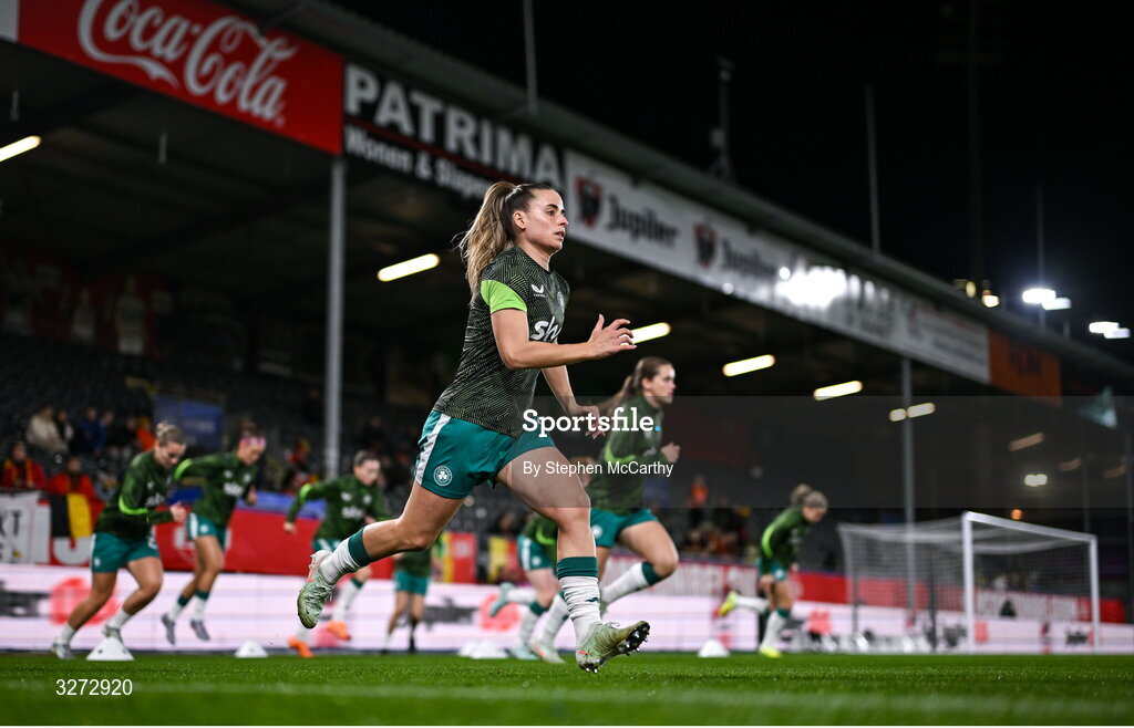 28 October 2025; Chloe Mustaki of Republic of Ireland before the UEFA Women's Nations League A/B promotion/relegation play-off second leg match between Belgium and Republic of Ireland at The King Power At Den Dreef Stadium in Leuven, Belgium. Photo by Stephen McCarthy/Sportsfile