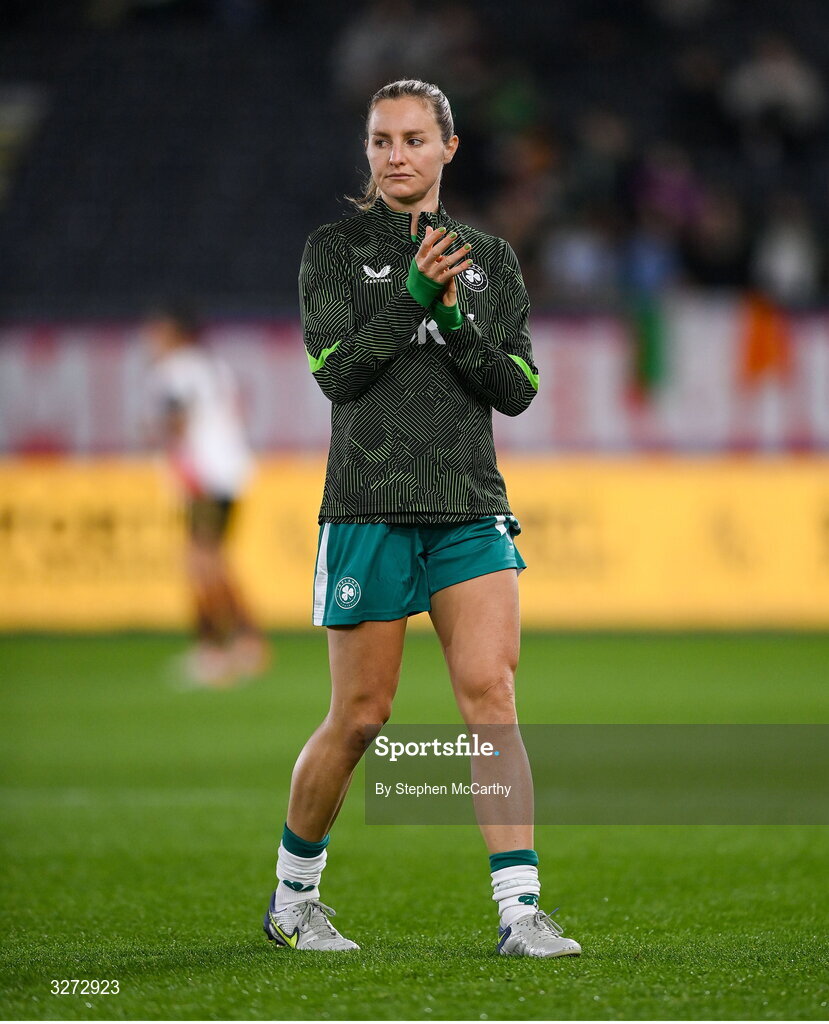 28 October 2025; Kyra Carusa of Republic of Ireland before the UEFA Women's Nations League A/B promotion/relegation play-off second leg match between Belgium and Republic of Ireland at The King Power At Den Dreef Stadium in Leuven, Belgium. Photo by Stephen McCarthy/Sportsfile