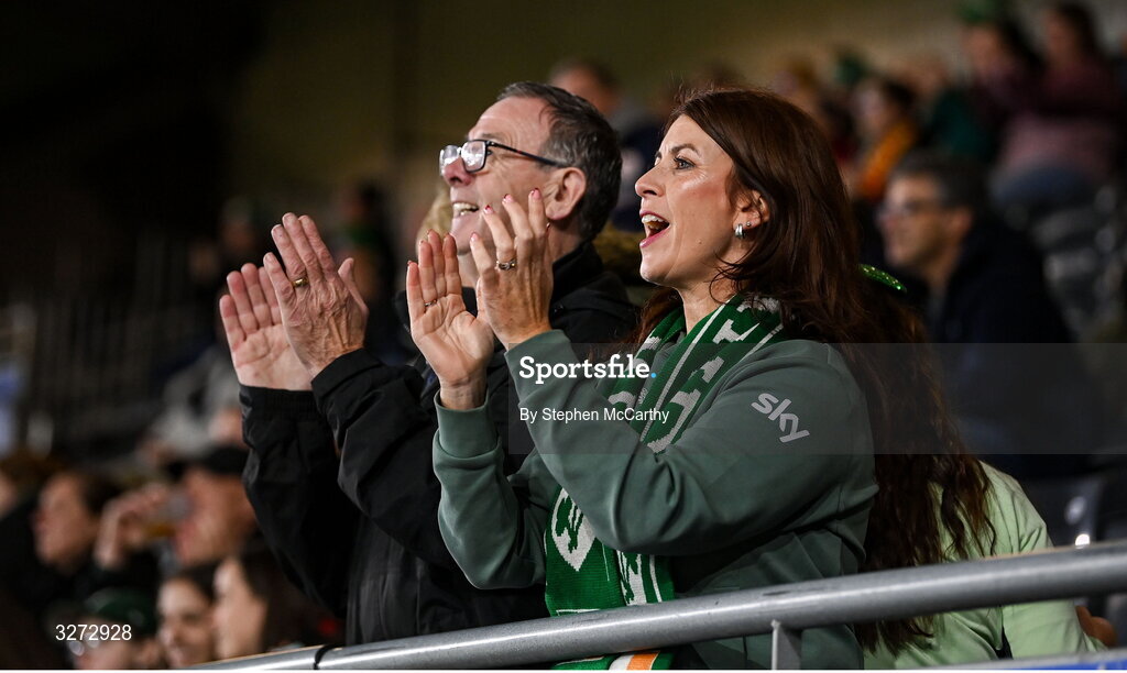 28 October 2025; Republic of Ireland supporters before the UEFA Women's Nations League A/B promotion/relegation play-off second leg match between Belgium and Republic of Ireland at The King Power At Den Dreef Stadium in Leuven, Belgium. Photo by Stephen McCarthy/Sportsfile
