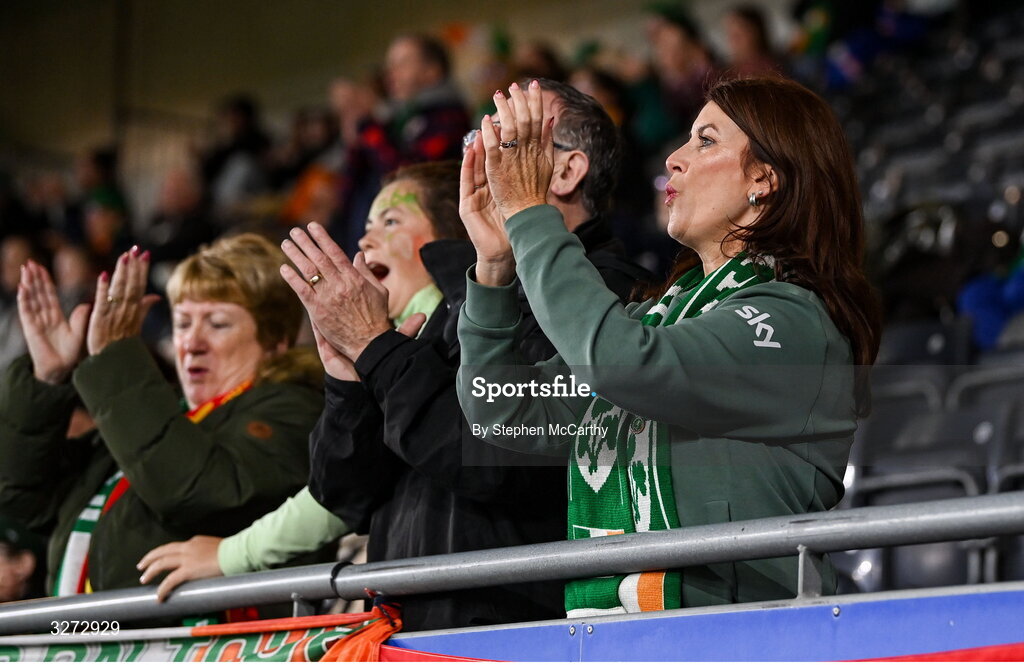 28 October 2025; Republic of Ireland supporters before the UEFA Women's Nations League A/B promotion/relegation play-off second leg match between Belgium and Republic of Ireland at The King Power At Den Dreef Stadium in Leuven, Belgium. Photo by Stephen McCarthy/Sportsfile