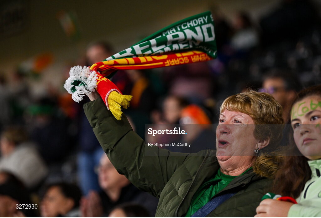 28 October 2025; Republic of Ireland supporters before the UEFA Women's Nations League A/B promotion/relegation play-off second leg match between Belgium and Republic of Ireland at The King Power At Den Dreef Stadium in Leuven, Belgium. Photo by Stephen McCarthy/Sportsfile