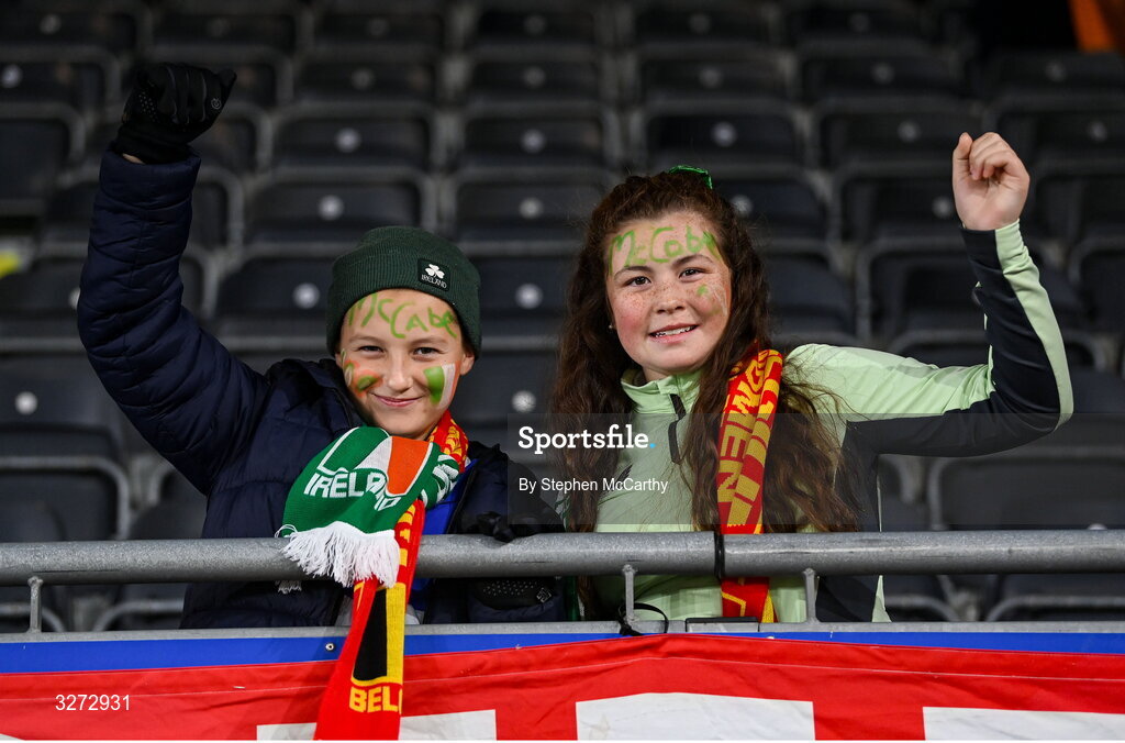 28 October 2025; Republic of Ireland supporters Killian Brunton, left, and Grace Donegan, from Kilnamanagh, Dublin, before the UEFA Women's Nations League A/B promotion/relegation play-off second leg match between Belgium and Republic of Ireland at The King Power At Den Dreef Stadium in Leuven, Belgium. Photo by Stephen McCarthy/Sportsfile
