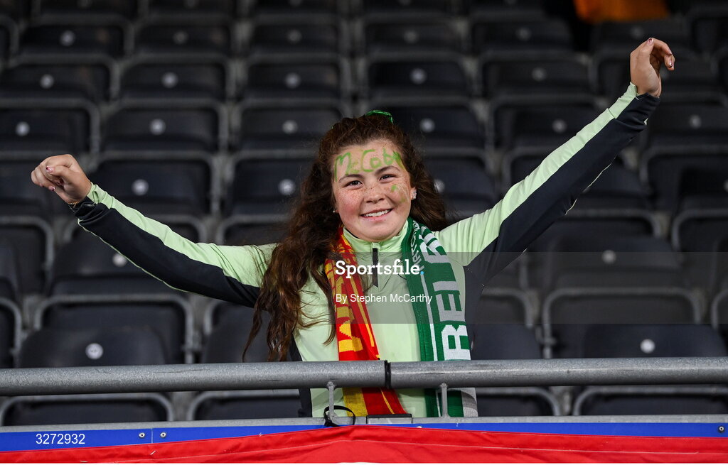 28 October 2025; Republic of Ireland supporter Grace Donegan, from Kilnamanagh, Dublin, before the UEFA Women's Nations League A/B promotion/relegation play-off second leg match between Belgium and Republic of Ireland at The King Power At Den Dreef Stadium in Leuven, Belgium. Photo by Stephen McCarthy/Sportsfile