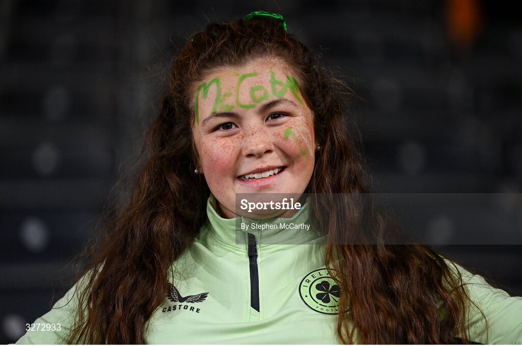 28 October 2025; Republic of Ireland supporter Grace Donegan, from Kilnamanagh, Dublin, before the UEFA Women's Nations League A/B promotion/relegation play-off second leg match between Belgium and Republic of Ireland at The King Power At Den Dreef Stadium in Leuven, Belgium. Photo by Stephen McCarthy/Sportsfile