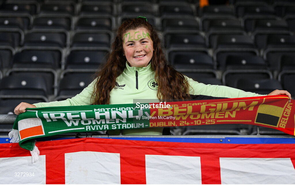 28 October 2025; Republic of Ireland supporter Grace Donegan, from Kilnamanagh, Dublin, before the UEFA Women's Nations League A/B promotion/relegation play-off second leg match between Belgium and Republic of Ireland at The King Power At Den Dreef Stadium in Leuven, Belgium. Photo by Stephen McCarthy/Sportsfile