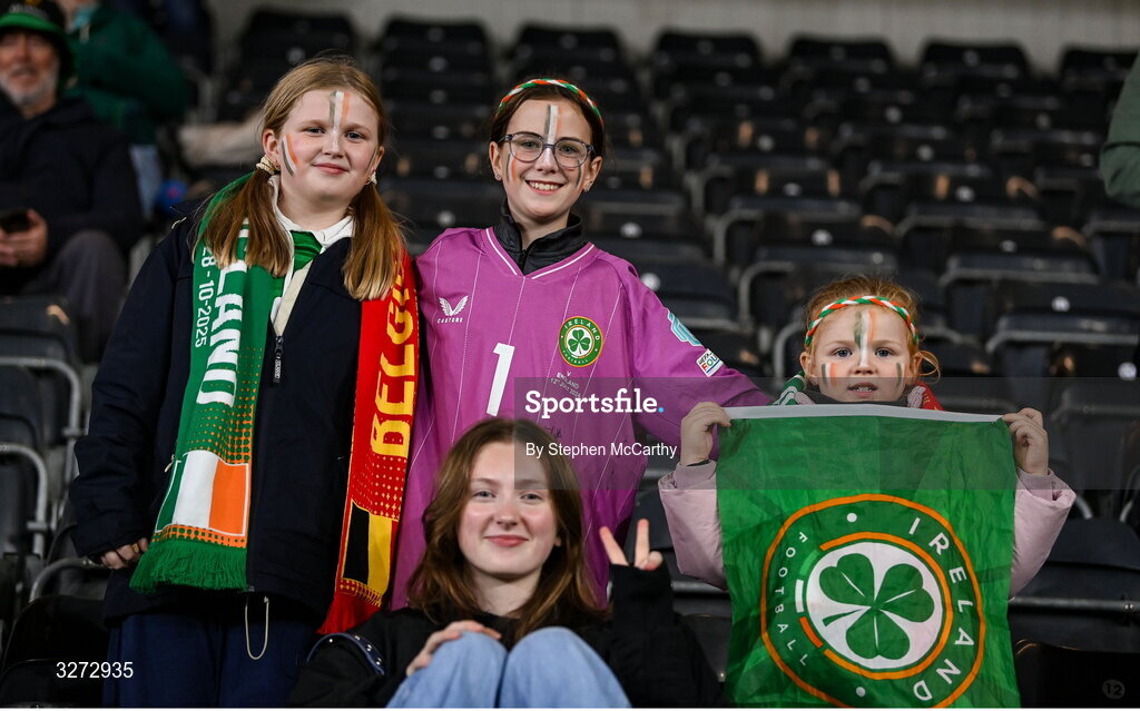 28 October 2025; Republic of Ireland supporters before the UEFA Women's Nations League A/B promotion/relegation play-off second leg match between Belgium and Republic of Ireland at The King Power At Den Dreef Stadium in Leuven, Belgium. Photo by Stephen McCarthy/Sportsfile