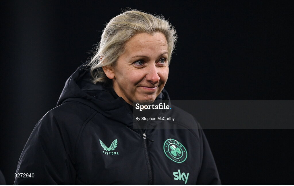 28 October 2025; Republic of Ireland head coach Carla Ward before the UEFA Women's Nations League A/B promotion/relegation play-off second leg match between Belgium and Republic of Ireland at The King Power At Den Dreef Stadium in Leuven, Belgium. Photo by Stephen McCarthy/Sportsfile