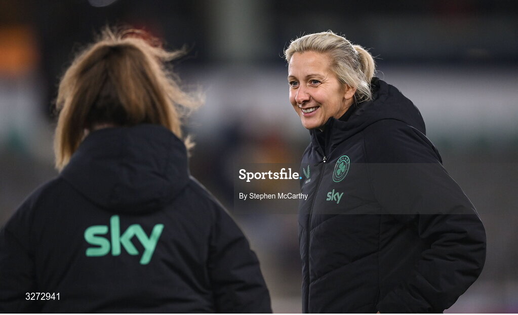 28 October 2025; Republic of Ireland head coach Carla Ward before the UEFA Women's Nations League A/B promotion/relegation play-off second leg match between Belgium and Republic of Ireland at The King Power At Den Dreef Stadium in Leuven, Belgium. Photo by Stephen McCarthy/Sportsfile