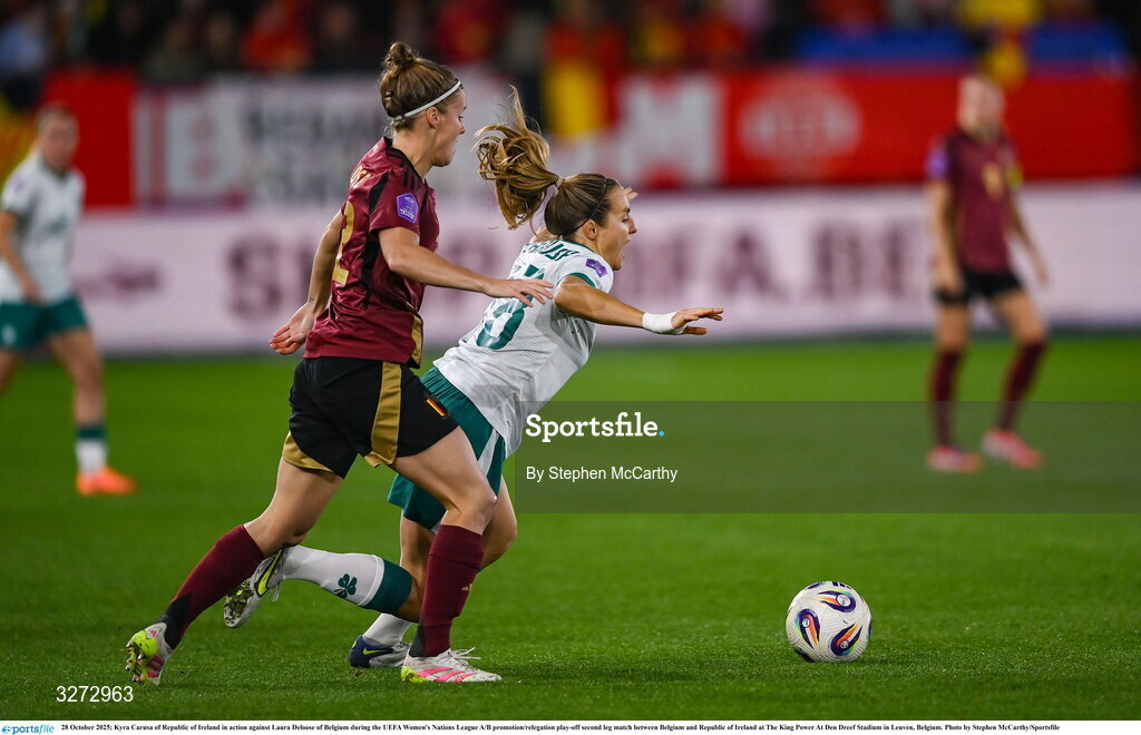 28 October 2025; Kyra Carusa of Republic of Ireland in action against Laura Deloose of Belgium during the UEFA Women's Nations League A/B promotion/relegation play-off second leg match between Belgium and Republic of Ireland at The King Power At Den Dreef Stadium in Leuven, Belgium. Photo by Stephen McCarthy/Sportsfile