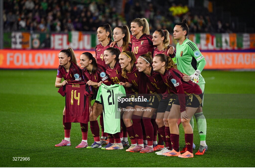 28 October 2025; Belgium players pose for their team photo before the UEFA Women's Nations League A/B promotion/relegation play-off second leg match between Belgium and Republic of Ireland at The King Power At Den Dreef Stadium in Leuven, Belgium. Photo by Stephen McCarthy/Sportsfile