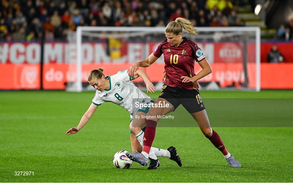28 October 2025; Ruesha Littlejohn of Republic of Ireland is tackled by Justine Vanhaevermaet of Belgium during the UEFA Women's Nations League A/B promotion/relegation play-off second leg match between Belgium and Republic of Ireland at The King Power At Den Dreef Stadium in Leuven, Belgium. Photo by Stephen McCarthy/Sportsfile