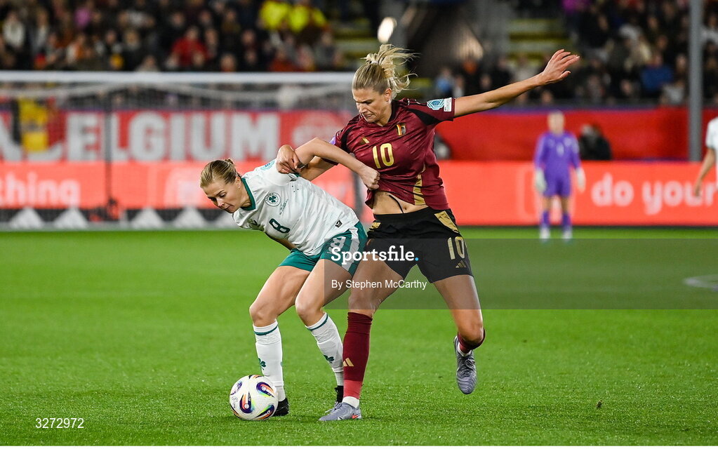 28 October 2025; Ruesha Littlejohn of Republic of Ireland is tackled by Justine Vanhaevermaet of Belgium during the UEFA Women's Nations League A/B promotion/relegation play-off second leg match between Belgium and Republic of Ireland at The King Power At Den Dreef Stadium in Leuven, Belgium. Photo by Stephen McCarthy/Sportsfile