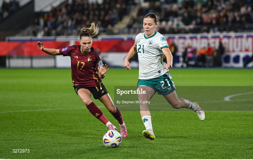 28 October 2025; Emily Murphy of Republic of Ireland in action against Jill Janssens of Belgium during the UEFA Women's Nations League A/B promotion/relegation play-off second leg match between Belgium and Republic of Ireland at The King Power At Den Dreef Stadium in Leuven, Belgium. Photo by Stephen McCarthy/Sportsfile