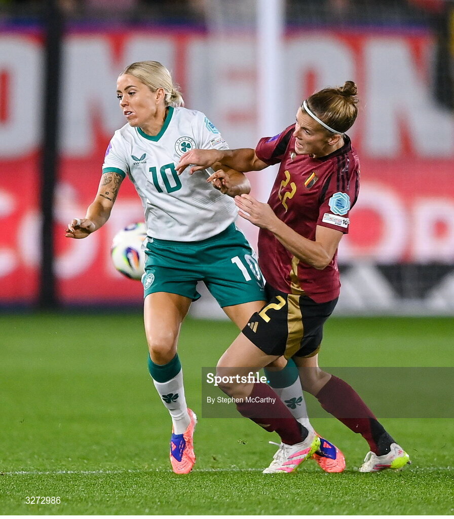 28 October 2025; Denise O’Sullivan of Republic of Ireland in action against Laura Deloose of Belgium during the UEFA Women's Nations League A/B promotion/relegation play-off second leg match between Belgium and Republic of Ireland at The King Power At Den Dreef Stadium in Leuven, Belgium. Photo by Stephen McCarthy/Sportsfile