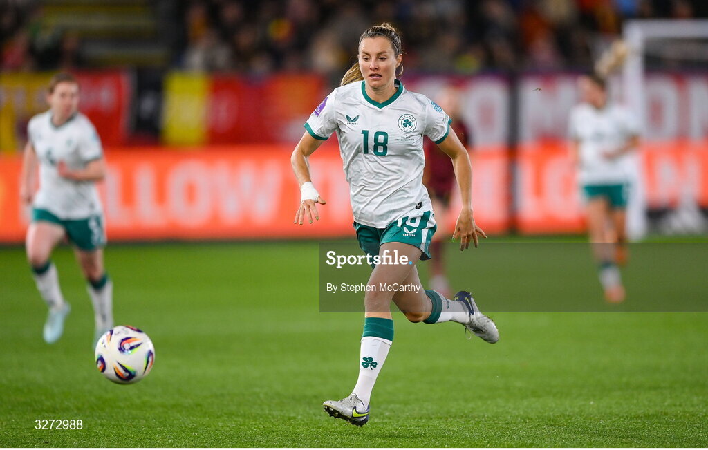28 October 2025; Kyra Carusa of Republic of Ireland during the UEFA Women's Nations League A/B promotion/relegation play-off second leg match between Belgium and Republic of Ireland at The King Power At Den Dreef Stadium in Leuven, Belgium. Photo by Stephen McCarthy/Sportsfile