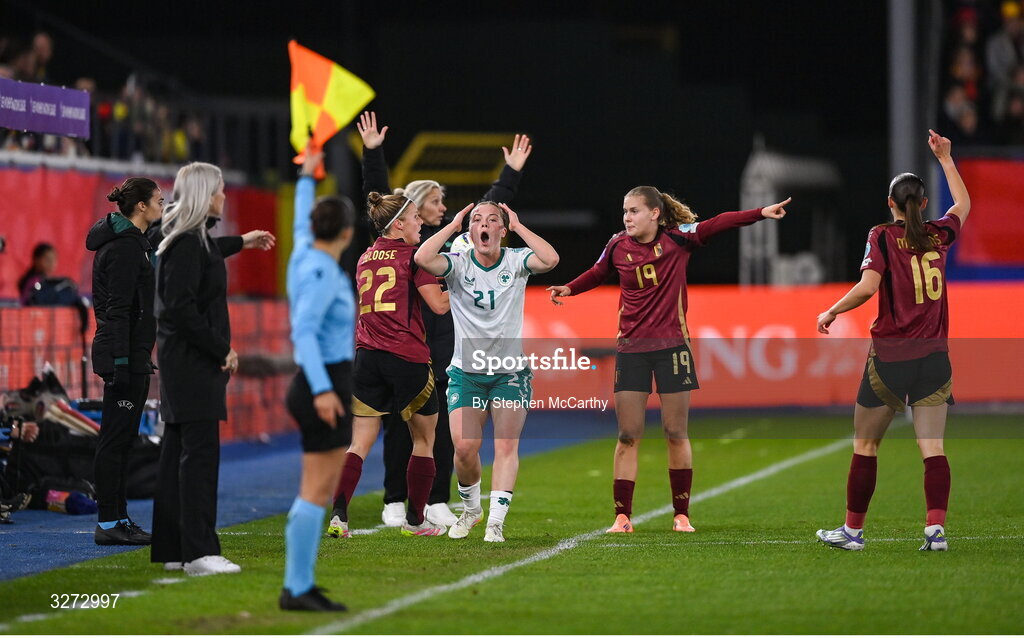 28 October 2025; Emily Murphy of Republic of Ireland reacts during the UEFA Women's Nations League A/B promotion/relegation play-off second leg match between Belgium and Republic of Ireland at The King Power At Den Dreef Stadium in Leuven, Belgium. Photo by Stephen McCarthy/Sportsfile