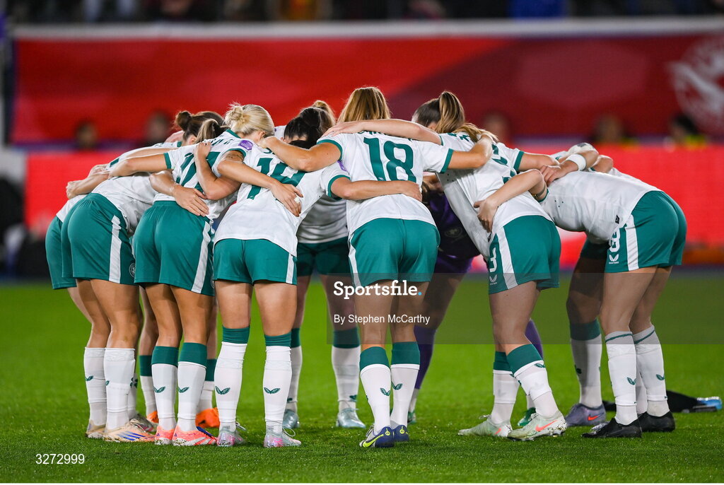 28 October 2025; Republic of Ireland players huddle before the UEFA Women's Nations League A/B promotion/relegation play-off second leg match between Belgium and Republic of Ireland at The King Power At Den Dreef Stadium in Leuven, Belgium. Photo by Stephen McCarthy/Sportsfile