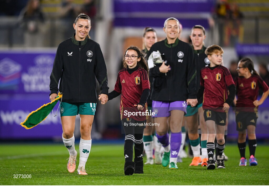 28 October 2025; Katie McCabe of Republic of Ireland leads her side out before the UEFA Women's Nations League A/B promotion/relegation play-off second leg match between Belgium and Republic of Ireland at The King Power At Den Dreef Stadium in Leuven, Belgium. Photo by Stephen McCarthy/Sportsfile