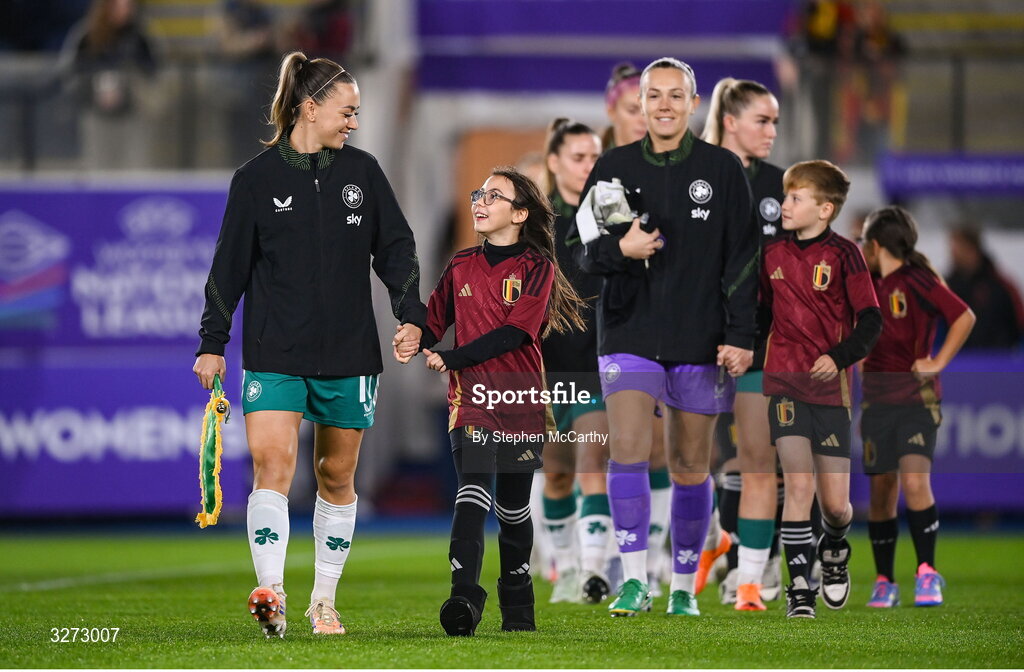 28 October 2025; Katie McCabe of Republic of Ireland leads her side out before the UEFA Women's Nations League A/B promotion/relegation play-off second leg match between Belgium and Republic of Ireland at The King Power At Den Dreef Stadium in Leuven, Belgium. Photo by Stephen McCarthy/Sportsfile