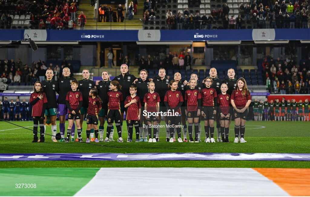 28 October 2025; Republic of Ireland players line-up before the UEFA Women's Nations League A/B promotion/relegation play-off second leg match between Belgium and Republic of Ireland at The King Power At Den Dreef Stadium in Leuven, Belgium. Photo by Stephen McCarthy/Sportsfile