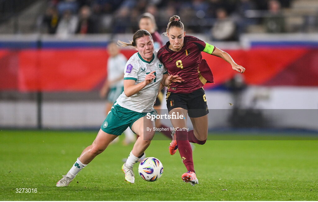 28 October 2025; Tessa Wullaert of Belgium in action against Emily Murphy of Republic of Ireland during the UEFA Women's Nations League A/B promotion/relegation play-off second leg match between Belgium and Republic of Ireland at The King Power At Den Dreef Stadium in Leuven, Belgium. Photo by Stephen McCarthy/Sportsfile