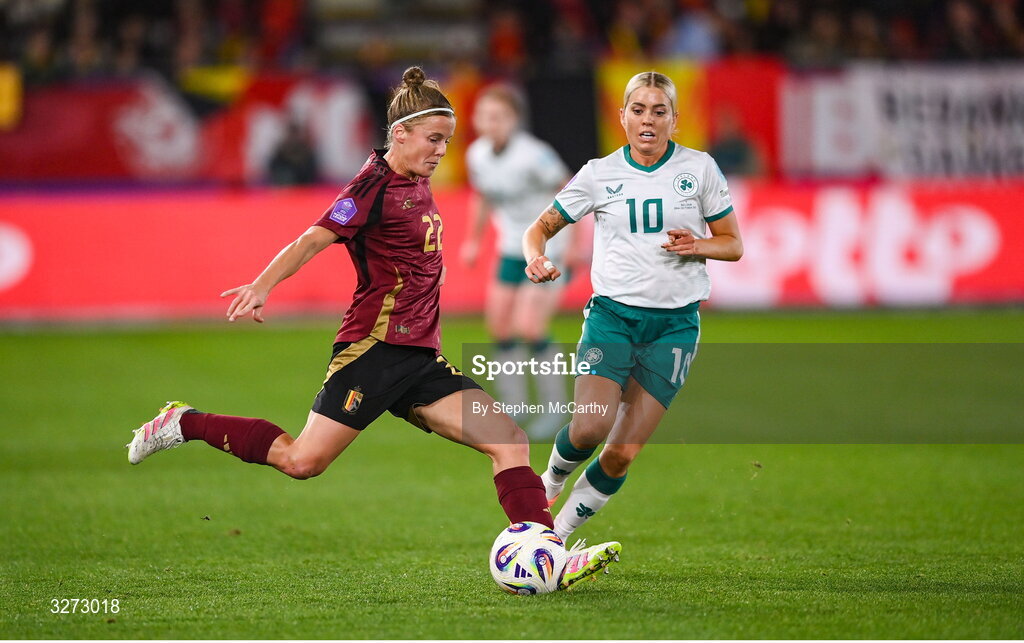 28 October 2025; Laura Deloose of Belgium in action against Denise O’Sullivan of Republic of Ireland during the UEFA Women's Nations League A/B promotion/relegation play-off second leg match between Belgium and Republic of Ireland at The King Power At Den Dreef Stadium in Leuven, Belgium. Photo by Stephen McCarthy/Sportsfile