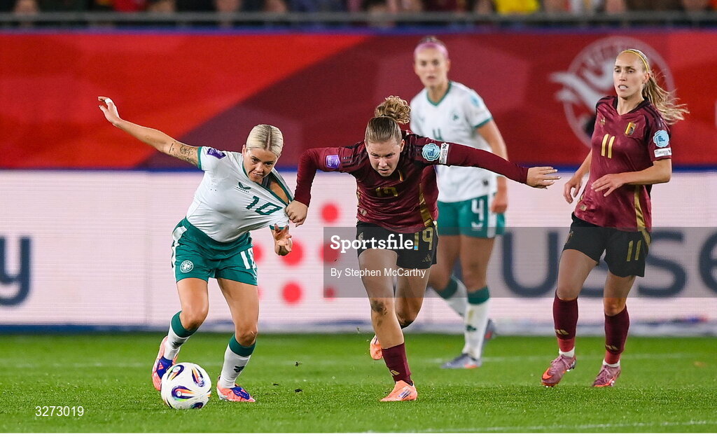 28 October 2025; Denise O’Sullivan of Republic of Ireland in action against Jarne Teulings of Belgium during the UEFA Women's Nations League A/B promotion/relegation play-off second leg match between Belgium and Republic of Ireland at The King Power At Den Dreef Stadium in Leuven, Belgium. Photo by Stephen McCarthy/Sportsfile
