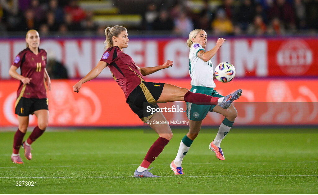 28 October 2025; Justine Vanhaevermaet of Belgium in action against Denise O’Sullivan of Republic of Ireland during the UEFA Women's Nations League A/B promotion/relegation play-off second leg match between Belgium and Republic of Ireland at The King Power At Den Dreef Stadium in Leuven, Belgium. Photo by Stephen McCarthy/Sportsfile