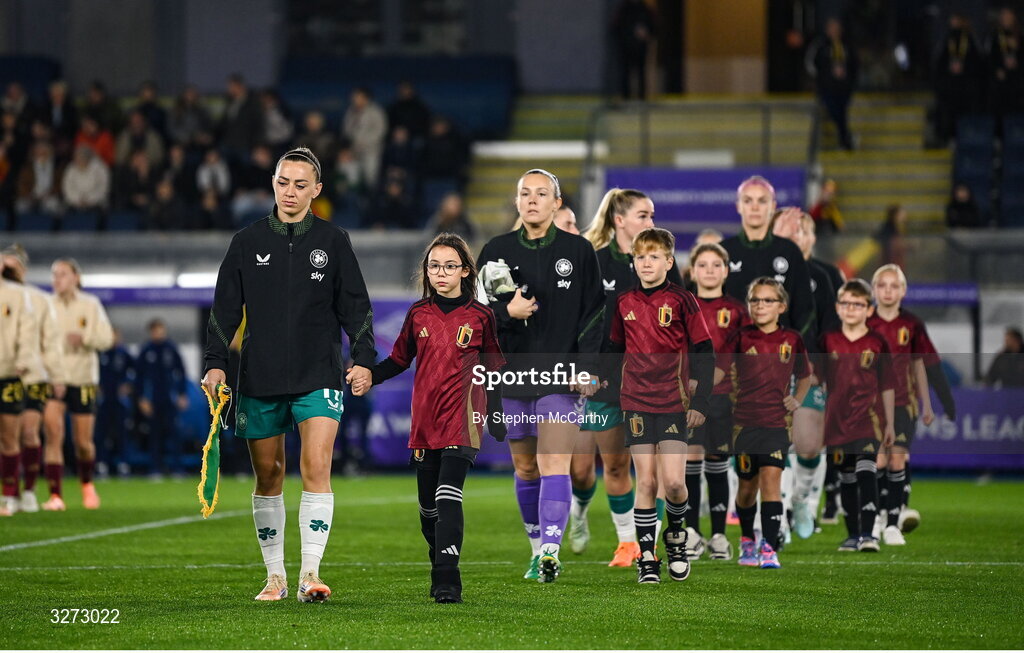28 October 2025; Katie McCabe of Republic of Ireland leads her side out before the UEFA Women's Nations League A/B promotion/relegation play-off second leg match between Belgium and Republic of Ireland at The King Power At Den Dreef Stadium in Leuven, Belgium. Photo by Stephen McCarthy/Sportsfile