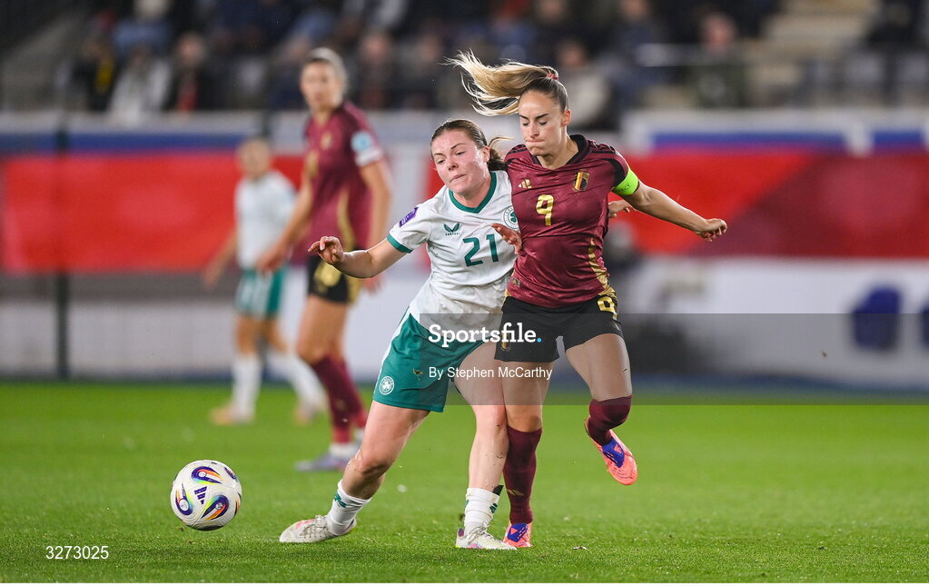 28 October 2025; Tessa Wullaert of Belgium in action against Emily Murphy of Republic of Ireland during the UEFA Women's Nations League A/B promotion/relegation play-off second leg match between Belgium and Republic of Ireland at The King Power At Den Dreef Stadium in Leuven, Belgium. Photo by Stephen McCarthy/Sportsfile