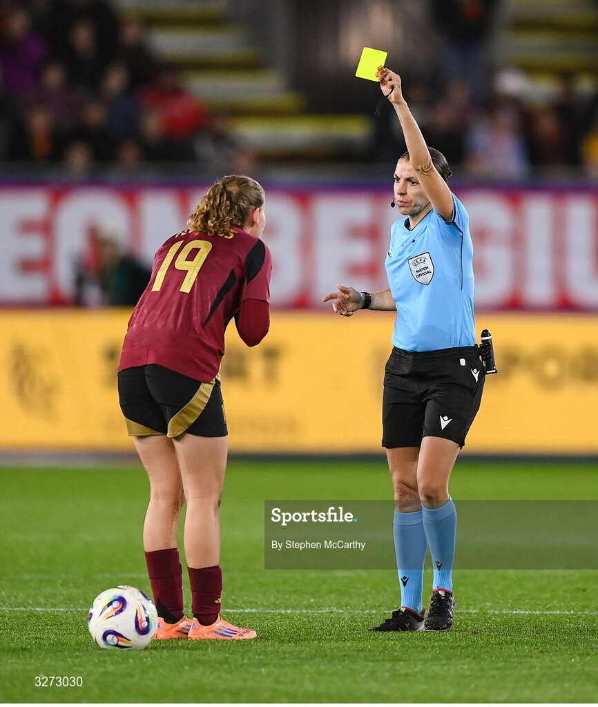 28 October 2025; Referee Stéphanie Frappart shows a yellow card to Jarne Teulings of Belgium during the UEFA Women's Nations League A/B promotion/relegation play-off second leg match between Belgium and Republic of Ireland at The King Power At Den Dreef Stadium in Leuven, Belgium. Photo by Stephen McCarthy/Sportsfile