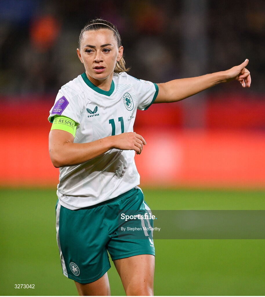 28 October 2025; Katie McCabe of Republic of Ireland during the UEFA Women's Nations League A/B promotion/relegation play-off second leg match between Belgium and Republic of Ireland at The King Power At Den Dreef Stadium in Leuven, Belgium. Photo by Stephen McCarthy/Sportsfile