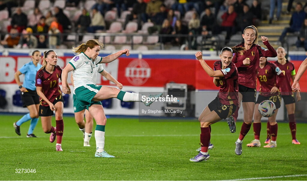 28 October 2025; Aoife Mannion of Republic of Ireland has a shot on goal during the UEFA Women's Nations League A/B promotion/relegation play-off second leg match between Belgium and Republic of Ireland at The King Power At Den Dreef Stadium in Leuven, Belgium. Photo by Stephen McCarthy/Sportsfile