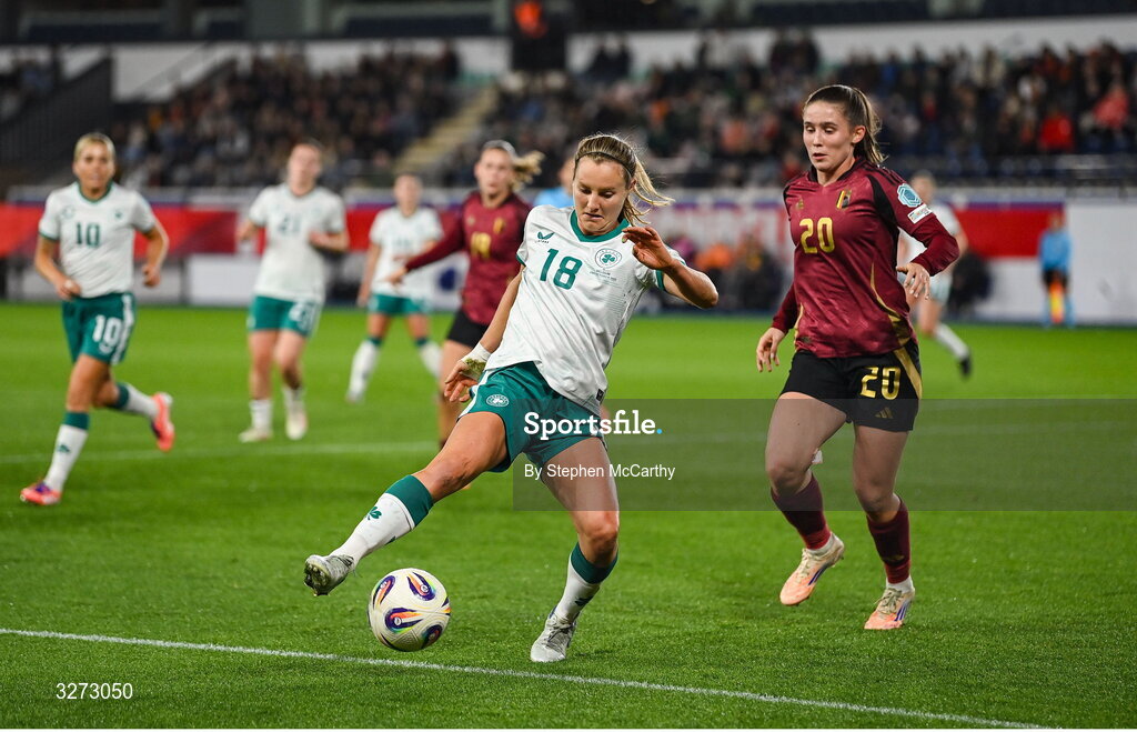 28 October 2025; Kyra Carusa of Republic of Ireland in action against Marie Detruyer of Belgium during the UEFA Women's Nations League A/B promotion/relegation play-off second leg match between Belgium and Republic of Ireland at The King Power At Den Dreef Stadium in Leuven, Belgium. Photo by Stephen McCarthy/Sportsfile