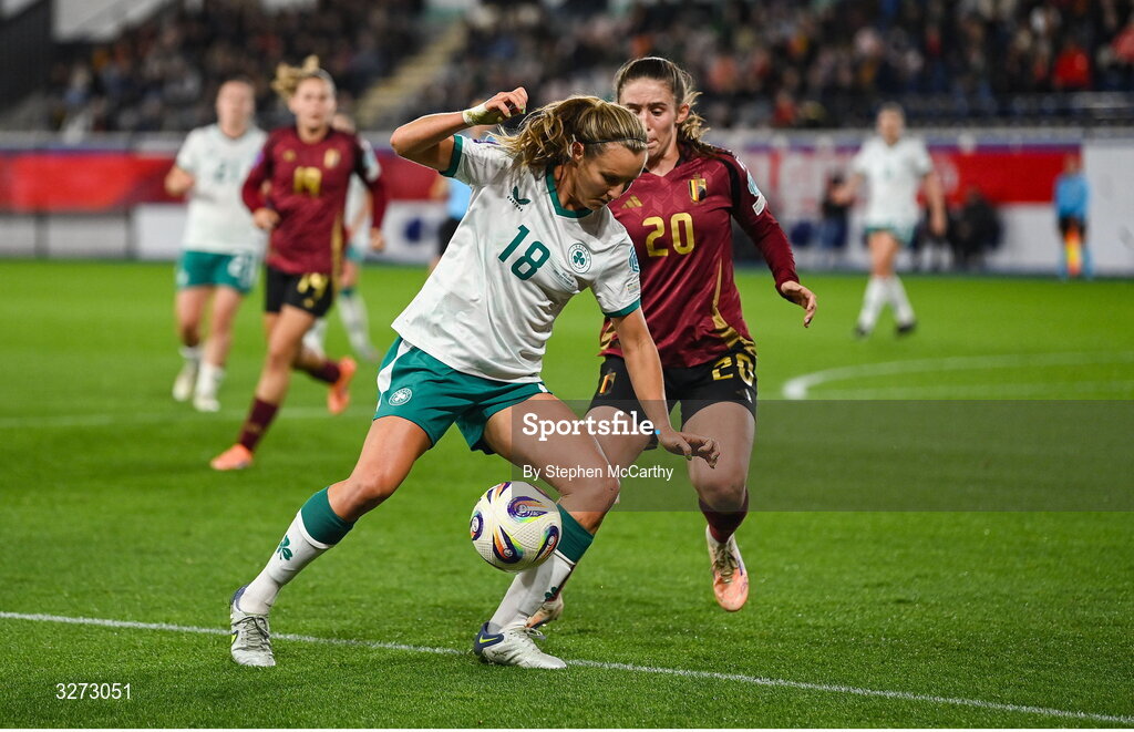 28 October 2025; Kyra Carusa of Republic of Ireland in action against Marie Detruyer of Belgium during the UEFA Women's Nations League A/B promotion/relegation play-off second leg match between Belgium and Republic of Ireland at The King Power At Den Dreef Stadium in Leuven, Belgium. Photo by Stephen McCarthy/Sportsfile