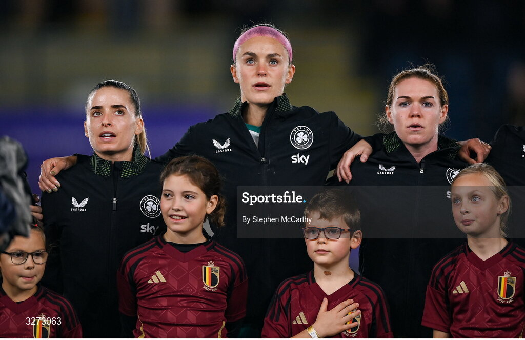 28 October 2025; Republic of Ireland players, from left, Chloe Mustaki, Caitlin Hayes and Aoife Mannion before the UEFA Women's Nations League A/B promotion/relegation play-off second leg match between Belgium and Republic of Ireland at The King Power At Den Dreef Stadium in Leuven, Belgium. Photo by Stephen McCarthy/Sportsfile