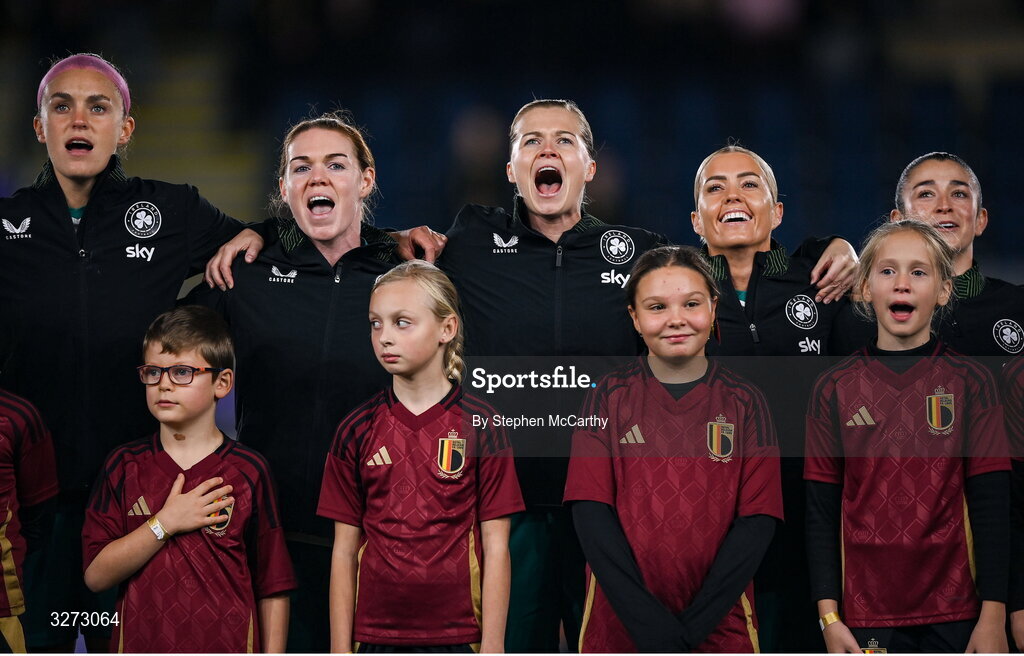 28 October 2025; Republic of Ireland players, from left, Caitlin Hayes, Aoife Mannion, Ruesha Littlejohn, Denise O’Sullivan and Marissa Sheva before the UEFA Women's Nations League A/B promotion/relegation play-off second leg match between Belgium and Republic of Ireland at The King Power At Den Dreef Stadium in Leuven, Belgium. Photo by Stephen McCarthy/Sportsfile