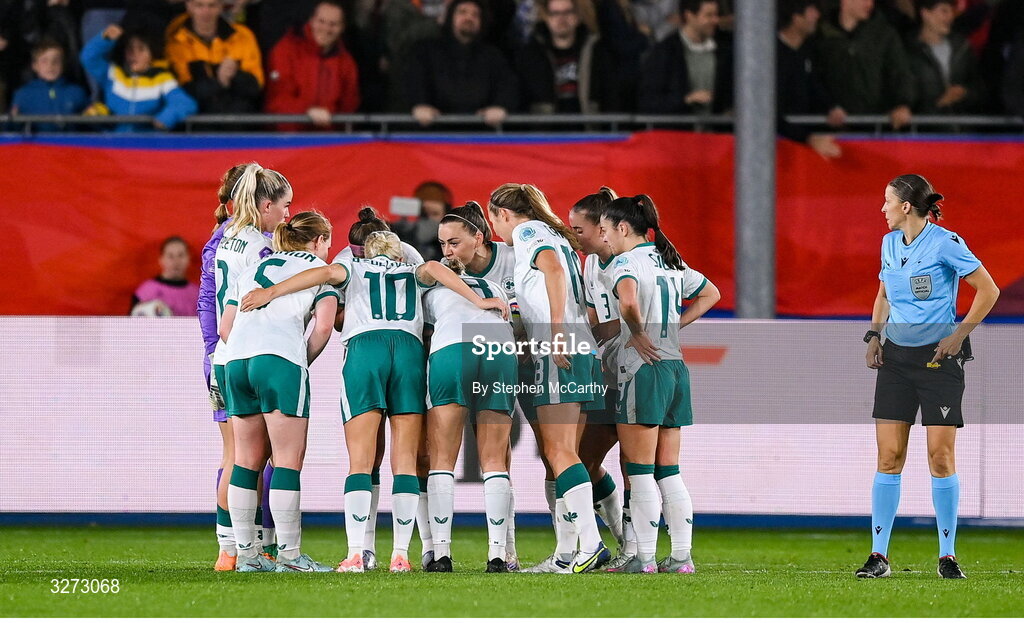 28 October 2025; Republic of Ireland players huddle after conceding their first goal during the UEFA Women's Nations League A/B promotion/relegation play-off second leg match between Belgium and Republic of Ireland at The King Power At Den Dreef Stadium in Leuven, Belgium. Photo by Stephen McCarthy/Sportsfile