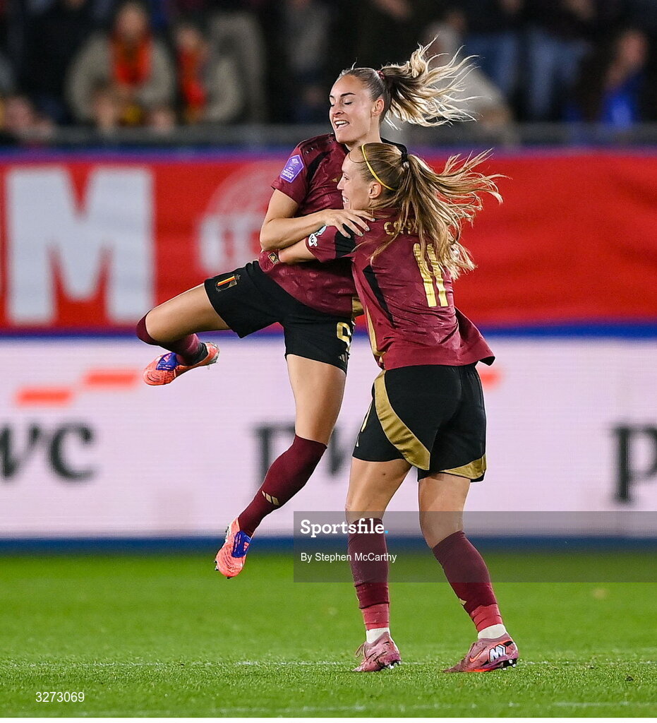 28 October 2025; Tessa Wullaert of Belgium, left, celebrates with teammate Janice Cayman after scoring their side's first goal during the UEFA Women's Nations League A/B promotion/relegation play-off second leg match between Belgium and Republic of Ireland at The King Power At Den Dreef Stadium in Leuven, Belgium. Photo by Stephen McCarthy/Sportsfile